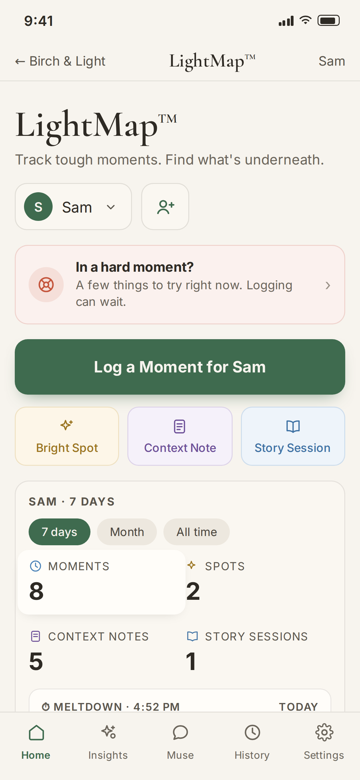 LightMap demo home screen showing Log a Moment and Bright Spot